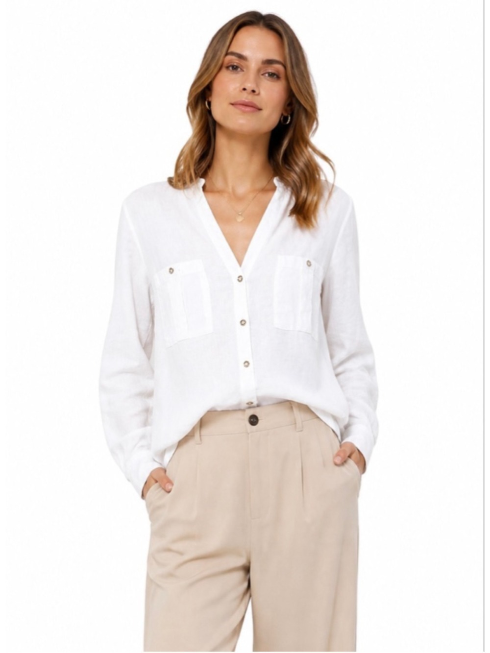 ZARA White Linen Blend Button Front Blouse Gold Buttons XS